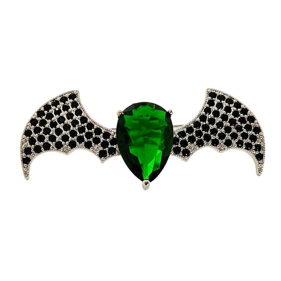 Jewelblings Chic Simple Designer Black Winged Green Pear-Shaped Stone Body Bat Figure Brooch Pins Halloween Costume Jewelry for Collar Lapel