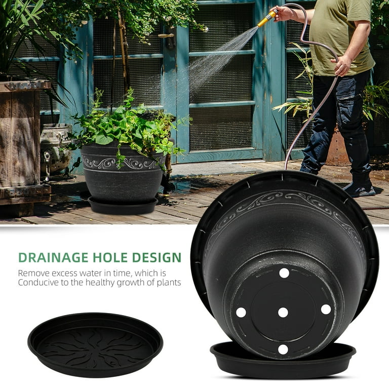 QCQHDU Plant Pots, 3 Packs 10 inch Planters with Drainage Hole Saucer,  Plastic Flower Pots for Indoor Plants Retro Decorative for Outdoor Garden  ...