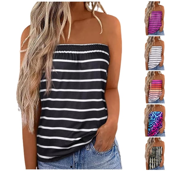 TrendOFT Striped Tube Tops for Women Casual Summer Backless Strapless Top Sleeveless Bandeau Tank Shirt Black L
