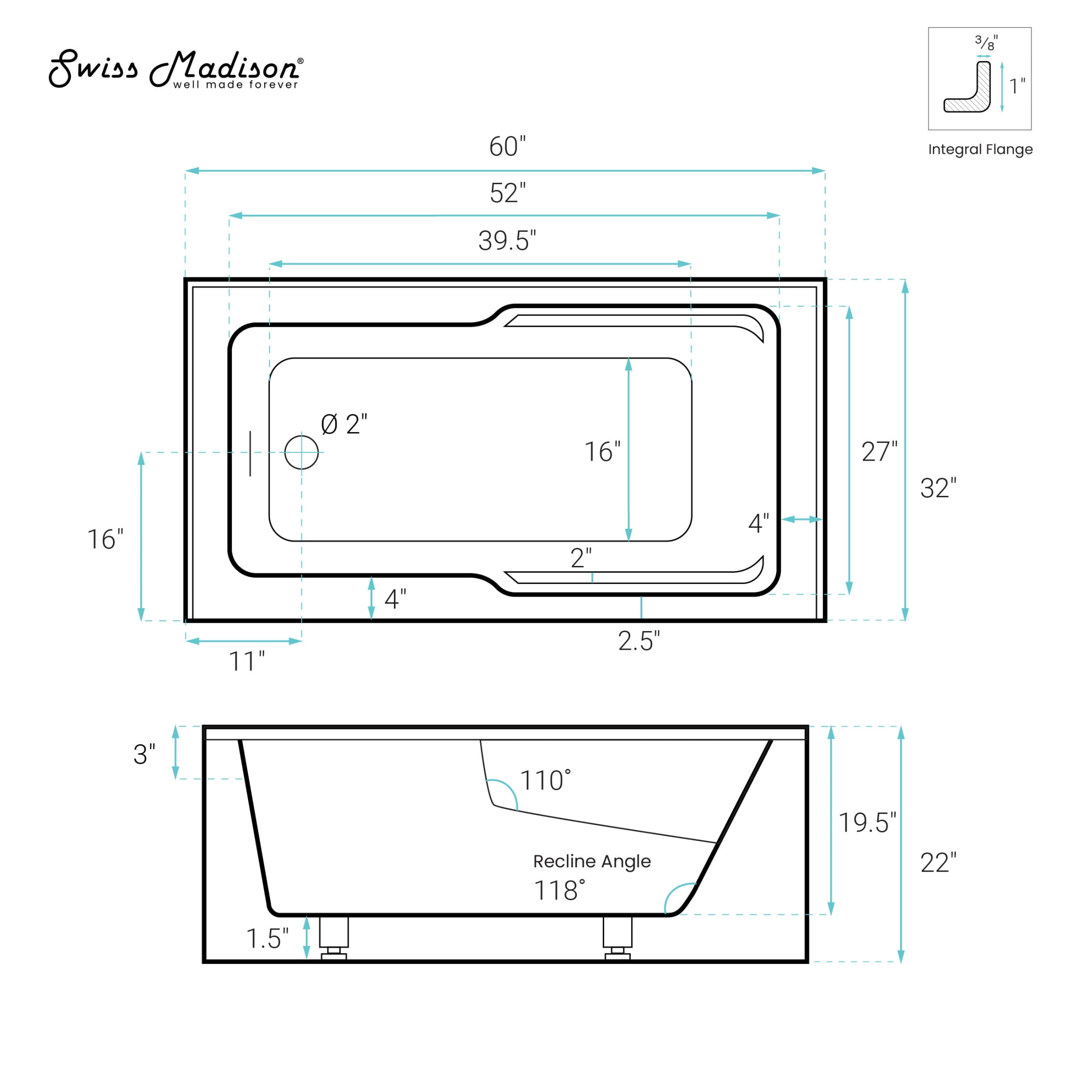 Voltaire 60 x 32 Skirted Left Drain Soaking Apron Bathtub in Glossy White with Integrated Overflow and Armrest, Drain Included