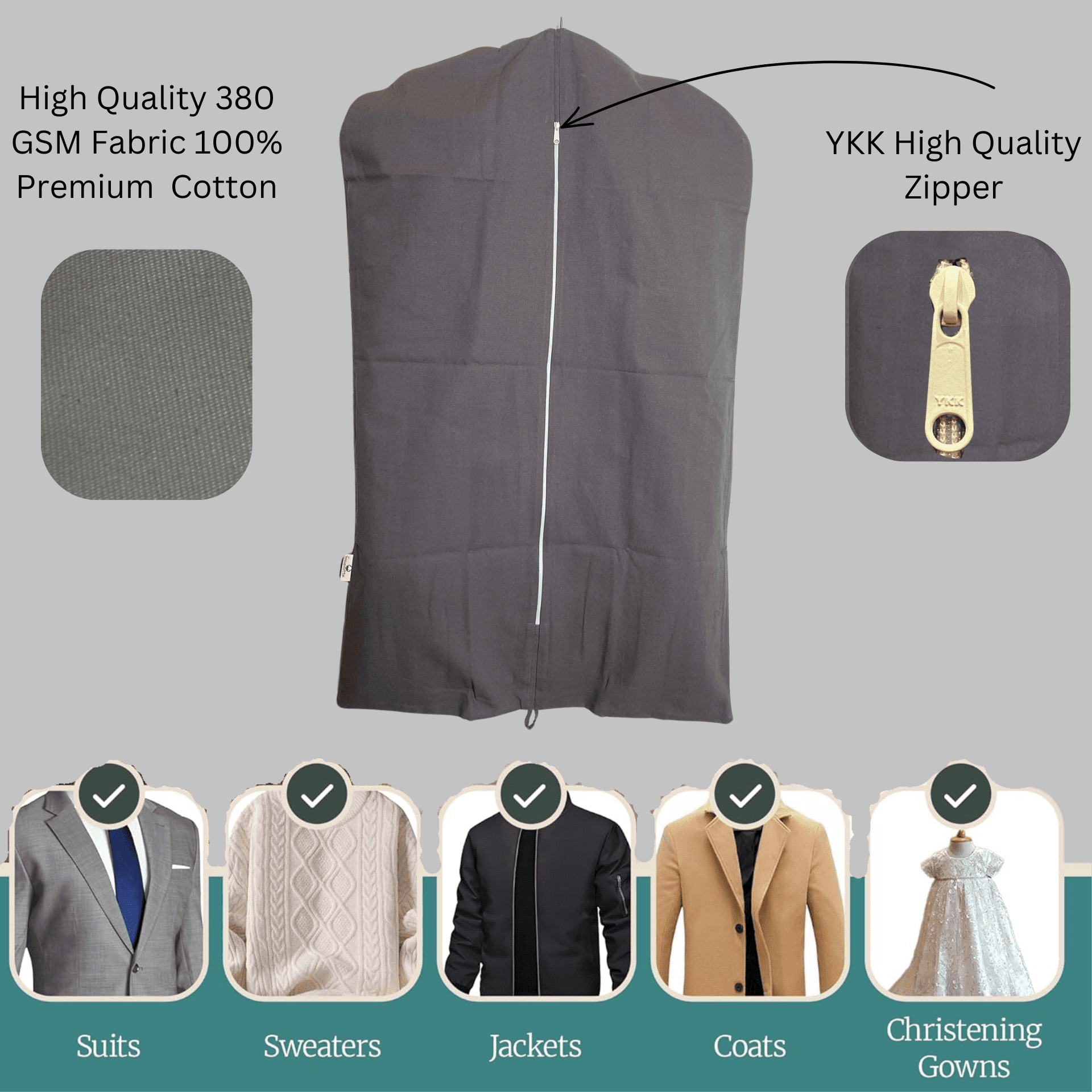 100% Cotton Canvas Garment Cover for Suits, Coats, Dresses; Travel Bag (X-Large (24"x60"), Gray)