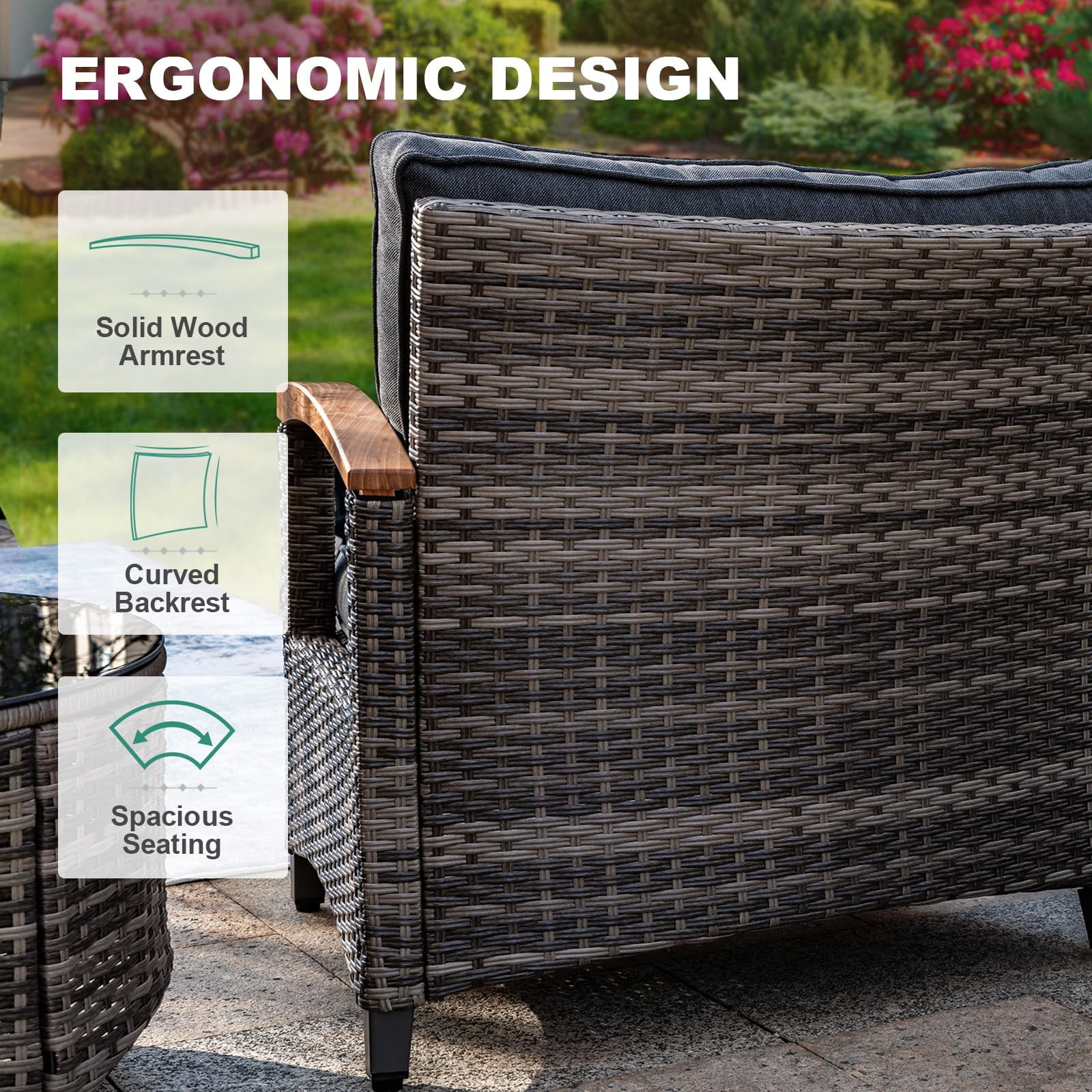 MEISSALIVVE 6 Piece Outdoor Patio Furniture Set, Half-Moon Curved Rattan Conversation Set with Wood Armrests, Round Coffee Table & Side Table(Grey)