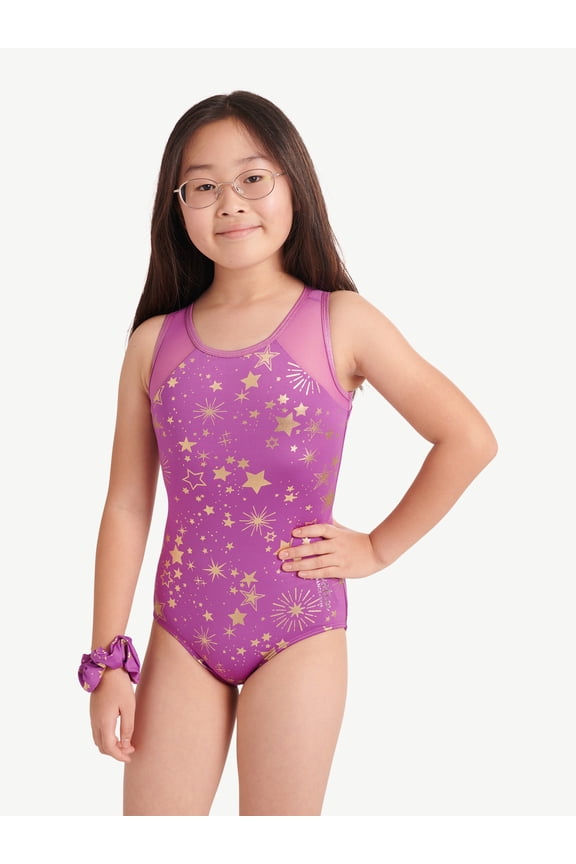 Celestial Foil Print Gymnastic Leotard for Girls with Matching Scrunchie, Sizes XS-XL