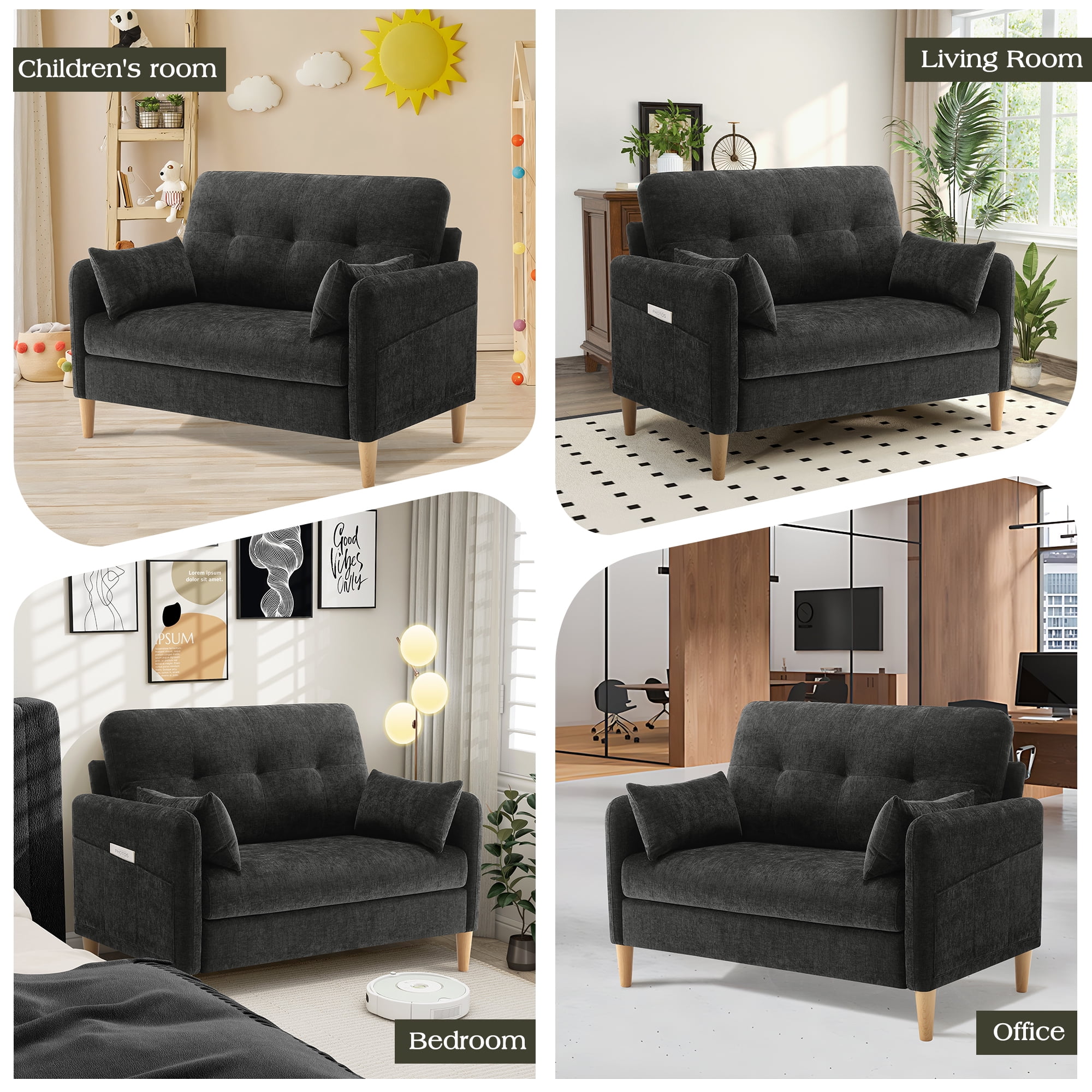 BedLuxury 47'' Wide LoveSeat, 2-seat Chenille sofa with 2 Pillows for Living Room and Small Spaces, Dark Grey