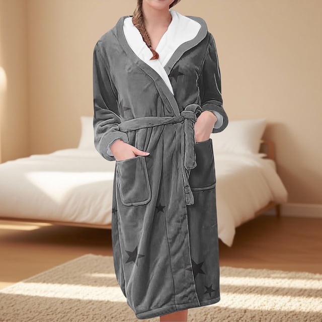 Peignoir en Molleton à Imprimé d'Étoiles pour Femme, Robe Longue en Peluche, Tenue d'Intérieur Douce et Confortable, Robe Longueur Genou avec Poches, Peignoir Style Spa Confortable pour Femme Gris TTTG