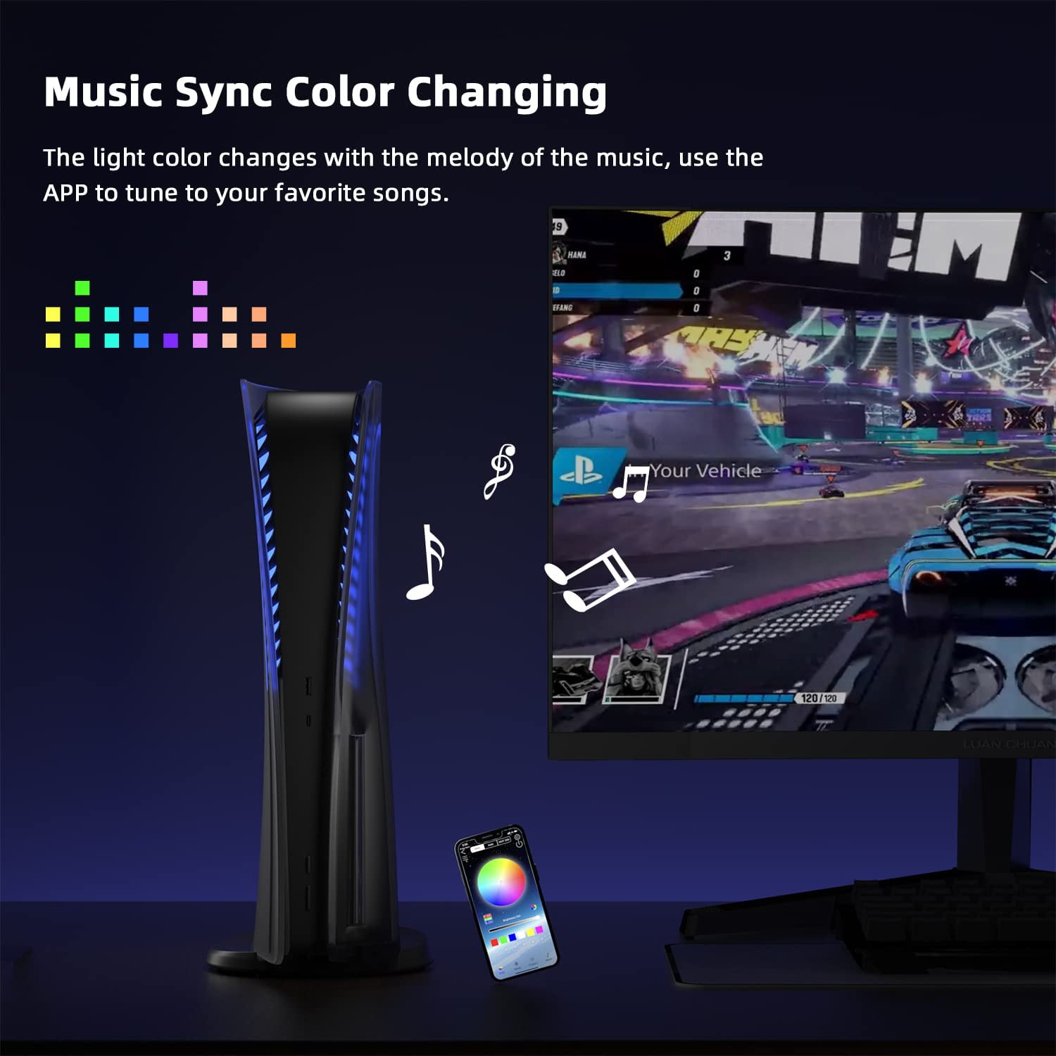 Mytrix PS5 Faceplate 2 in 1 Translucent Black Plates for PS5 Disc Edition + RGB LED Music Sync Light Strips Kit: Replacement Console Face Plate, Sound Sync Mode Lighting with 8 Colors 400+ DIY Effects