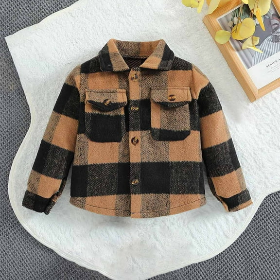 Tdoqot Toddler Girls Boys Hoodless Long Sleeve Plaid Jackets Button Down Casual Fall Winter Clothes Coats Brown Size 4-5T