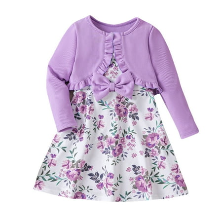 

THDHVS Toddler Dress Girls Cute Spring Fall Printed Crewneck Dress Long Sleeve Knitted Cardigan Two-Piece Set Purple 9 Months