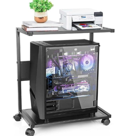Computer Tower Stand, Iron PC Stand 2-Tier CPU Stand with Locking Caster Wheels Suitable for Most PC (Black, L)
