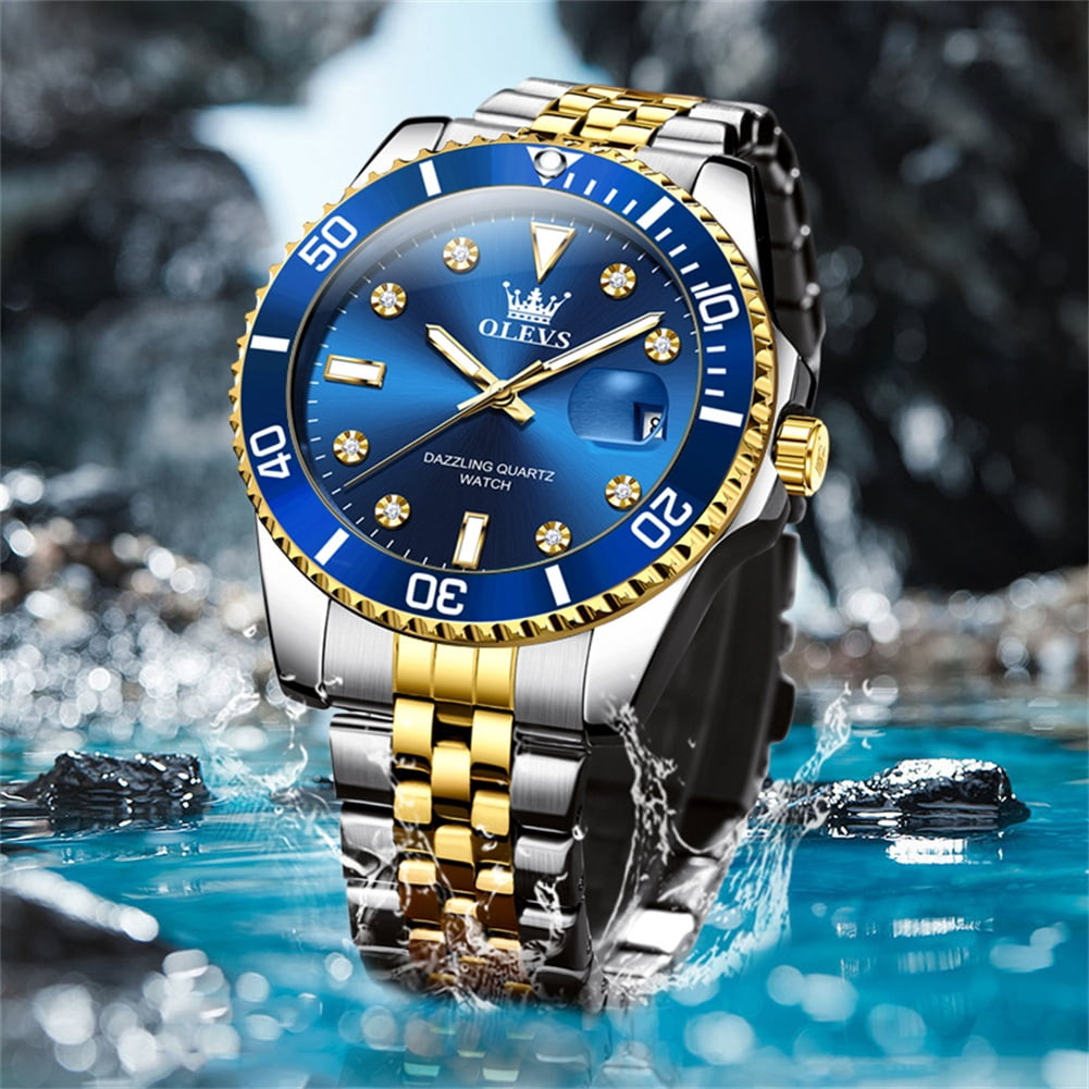 OLEVS Watch for Men Stainless Steel Business Dress Luxury Diamond Big Face Waterproof Mens Watches with Date Analog Wrist Men Watch Reloj para Hombre Blue Dial