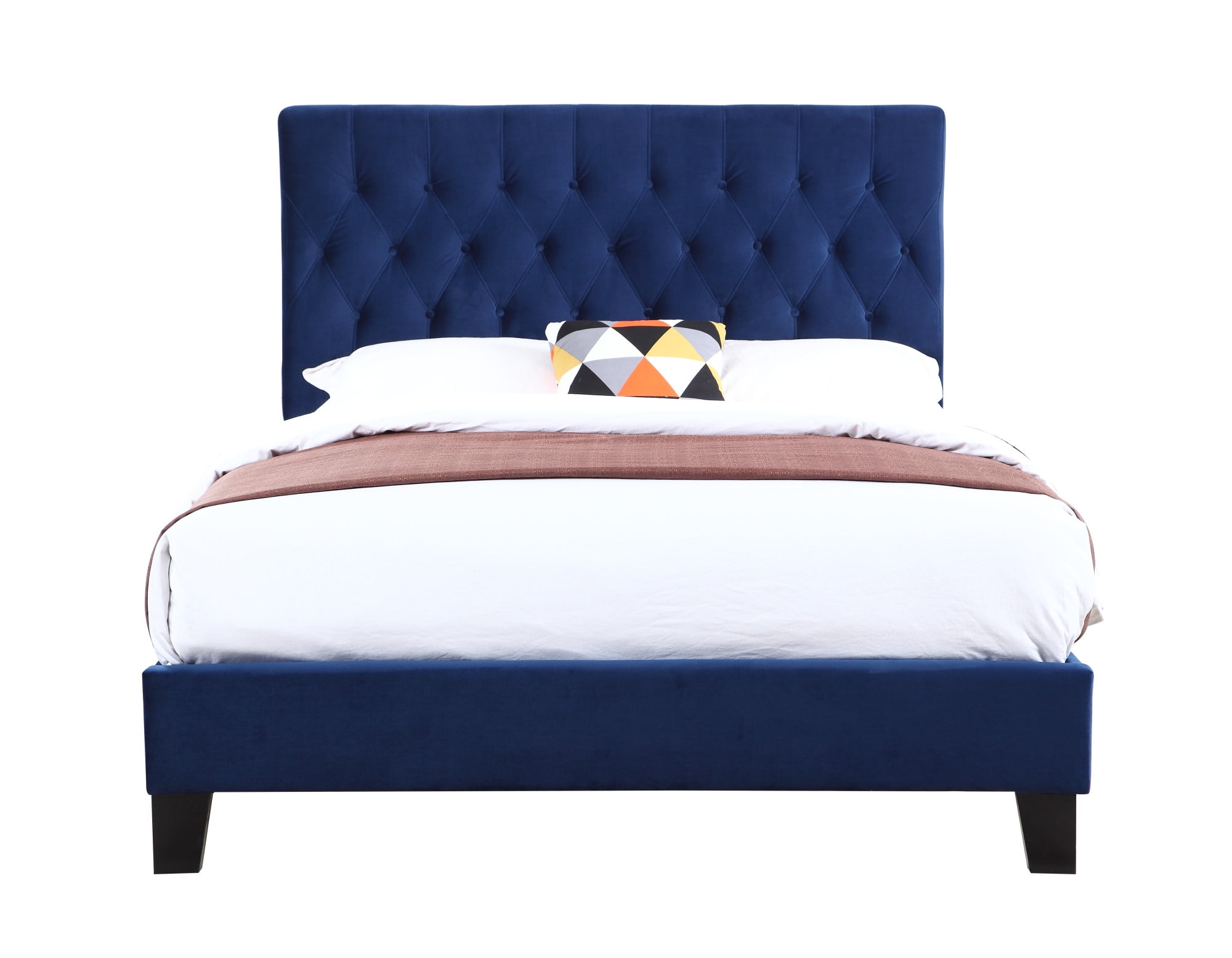 Button Tufted Padded Upholstered Fabric King Size Headboard in Navy 