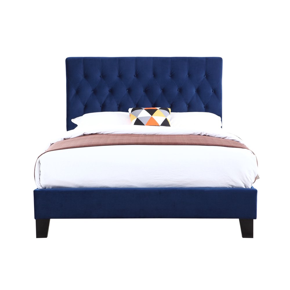 Amelia Navy Upholstered Bed with Tufted, Padded Headboard And Platform