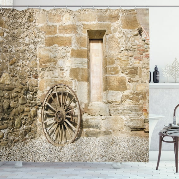 Ambesonne Wagon Wheel Shower Curtain, Old Rural Rocky Façade, 69"Wx84"L, Brown Pale Brown