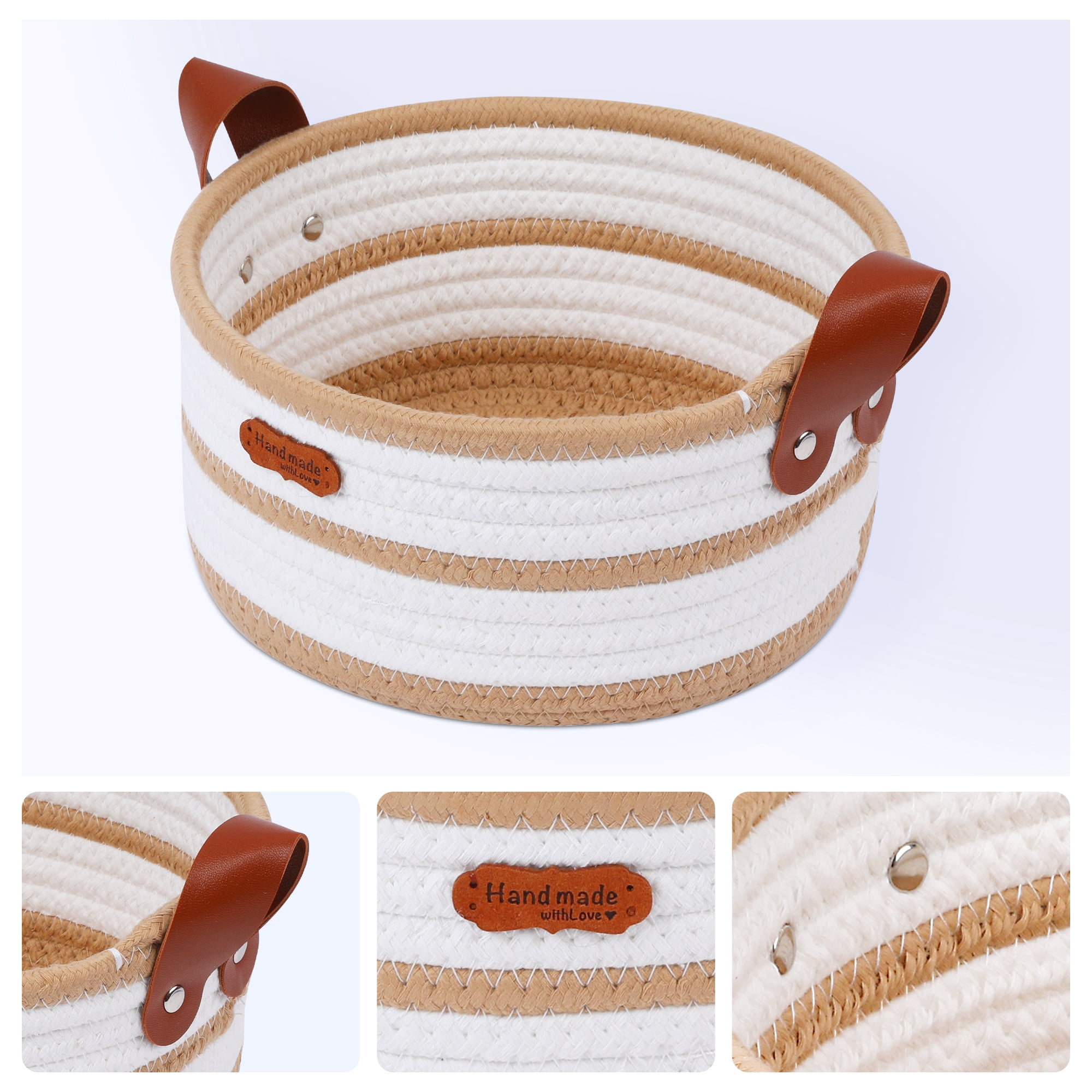 Unique Bargains Woven Storage Basket with Leather Handles Khaki 7.9*3.9in