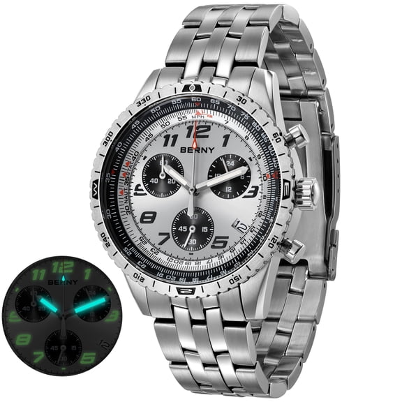 BERNY Silver Chronograph Watches for Men, Sport Luxury Analog Quartz Watch with Tachymeter, Stainless Steel, Waterproof, Luminous, Sapphire Crystal, Date Calender, Men's Wristwatch, Silver