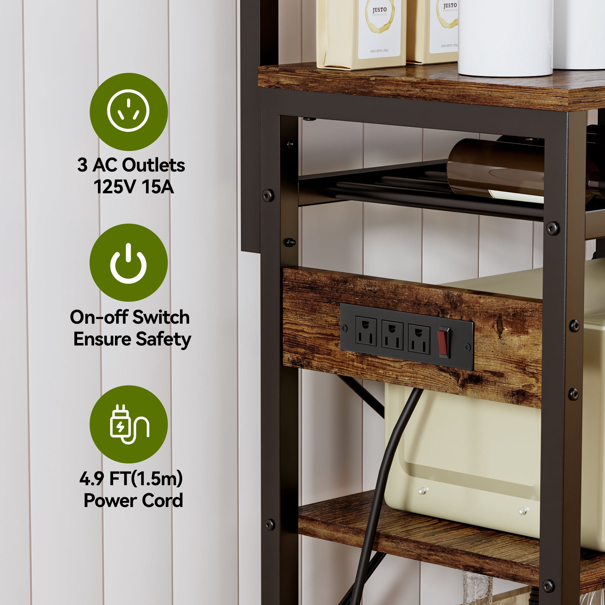Keenstone Kitchen Bakers Rack with 3 Power Outlets, Microwave Oven Stand with 10 S-shaped Hooks ,Coffee Bar Table 5 Tiers , 2 Wire Basket, Wine Rack ,Rustic Brown