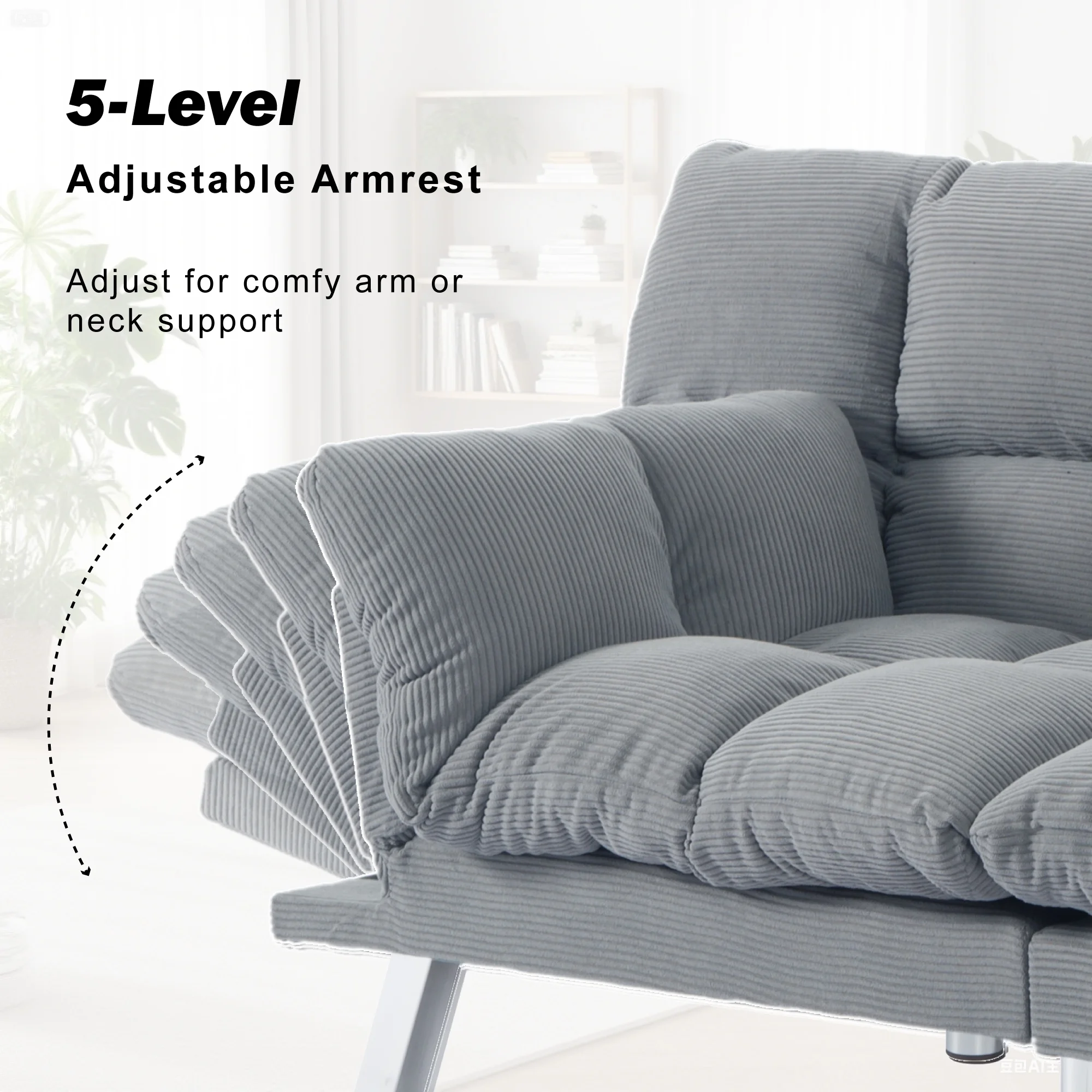 Gewnee 67.3 Inch Corduroy Convertible Sofa Bed,Upholstered Futon Couch with Adjustable Backrest,Suitable for Small Apartment,Dorm,Office,Gray