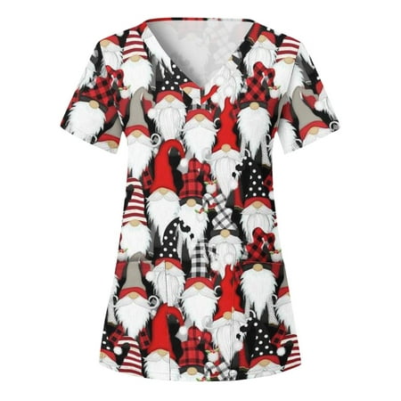 

Odeerbi Christmas Scrub Tops for Women Trendy Comfortable Stretchy Printing Scrub Shirts Short Sleeve V-Neck Working Uniform with Pocket Burgundy