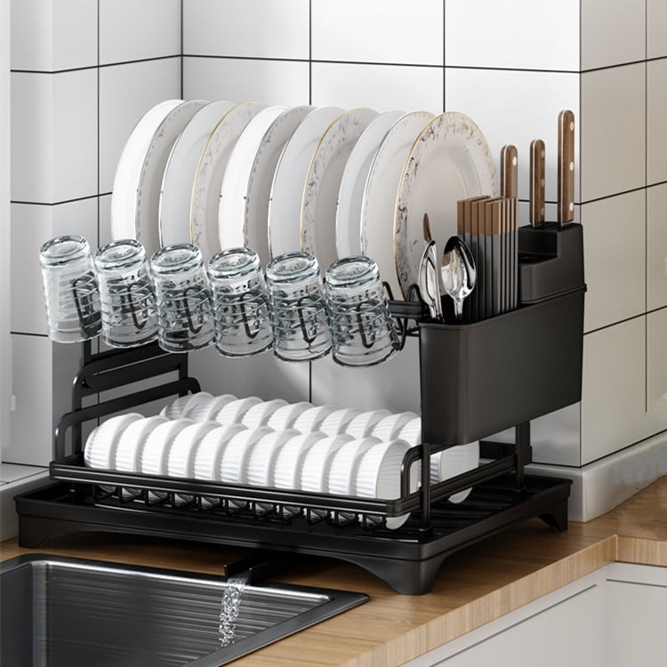 Dish Drying Rack - Stainless Steel Dish Rack for Kitchen Counter, 2-Tier Kitchen Organizers and Storage Rack with Drainboard and Cutlery Holder, Large, Black