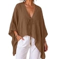 thumbnail image 3 of VBVC Women's Cotton Linen V Neck Tie Front Tunic, Ladies' Loose Batwing Sleeve Blouse, Casual Asymmetrical Vacation Top For Women, Coffee , S-2XL, 3 of 10