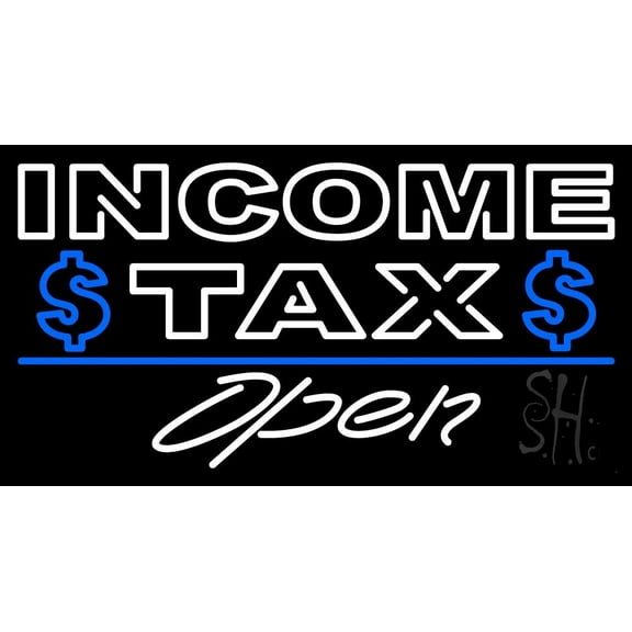 Double Stroke Blue Income Tax Open With Dollar Logo LED Neon Sign 13 x 24 - inches, Black Square Cut Acrylic Backing, with Dimmer - Bright and Premium built indoor LED Neon Sign for Defence Force.