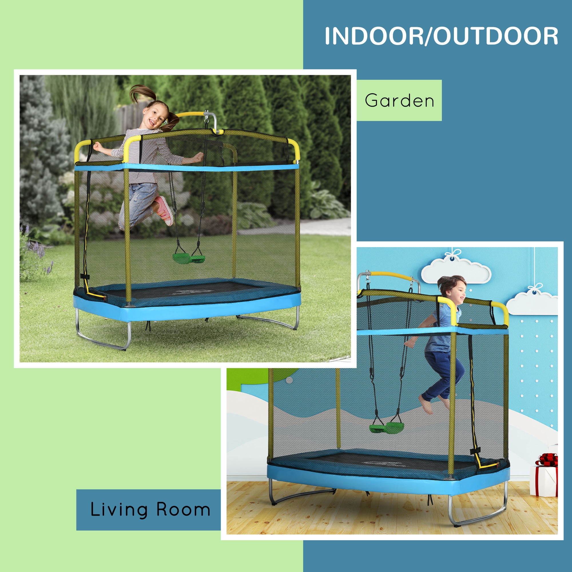 Qaba 3-in-1 Trampoline for Kids, 6.9' Kids Trampoline with Enclosure, Swing, Gymnastics Bar, Toddler Trampoline for Outdoor/Indoor Use, Light Blue