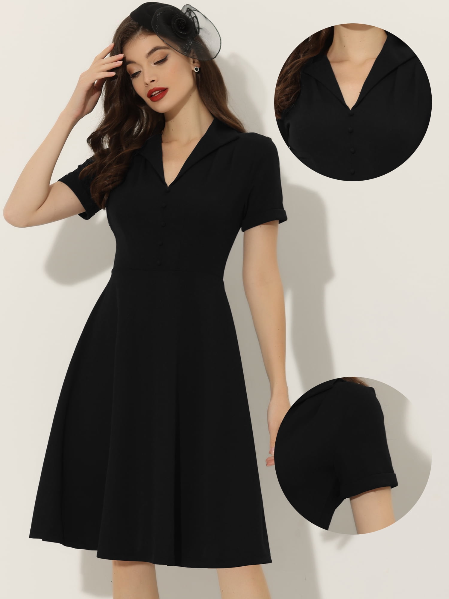 DARING DIVA 1950s Retro Vintage Short Sleeve V Neck A-Line Swing Dresses XL Black