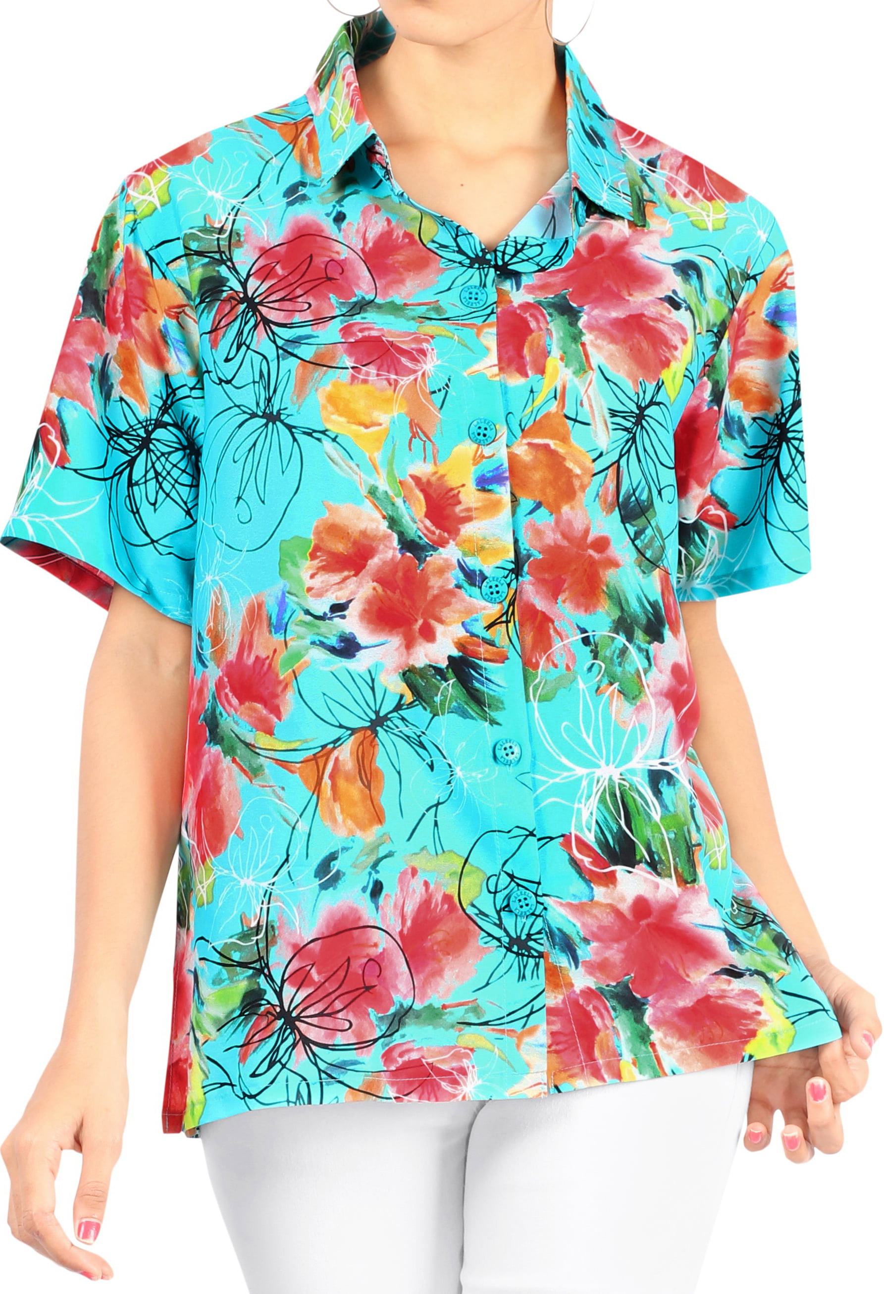 La Leela Women S Hawaiian Shirt Short Sleeve Button Down Shirt L Blue Aa Walmart Com