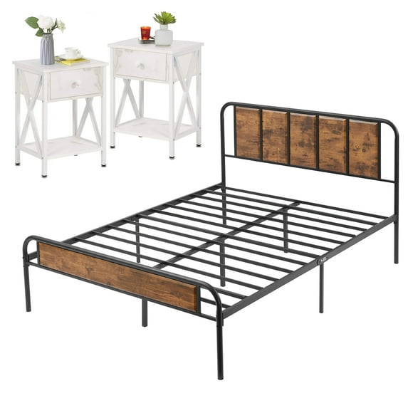 3-Piece Bedroom Size with Full Platform Bed Frame and 2 White Nightstands