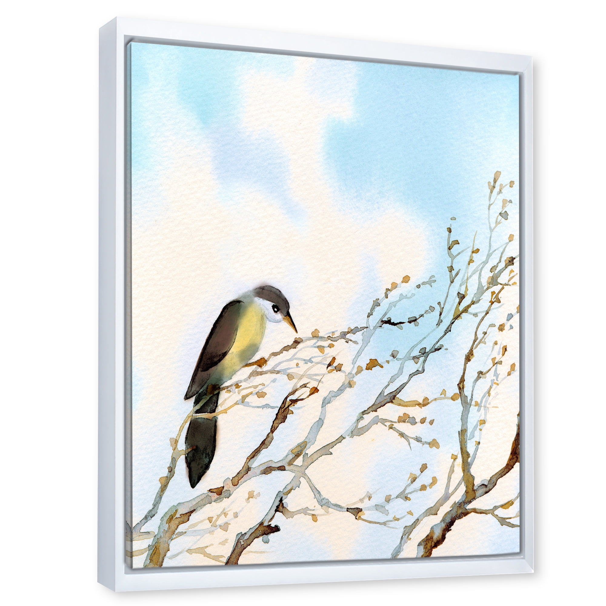 Designart 'Bird Sitting On Old Bare Tree With Blue Cloudy Sky' Traditional Framed Canvas Wall Art Print