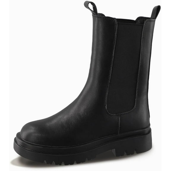 SUSIELADY Platform Chelsea Boots, Mid-Calf Combat Style, Black Leather Look, Chunky Lug Sole