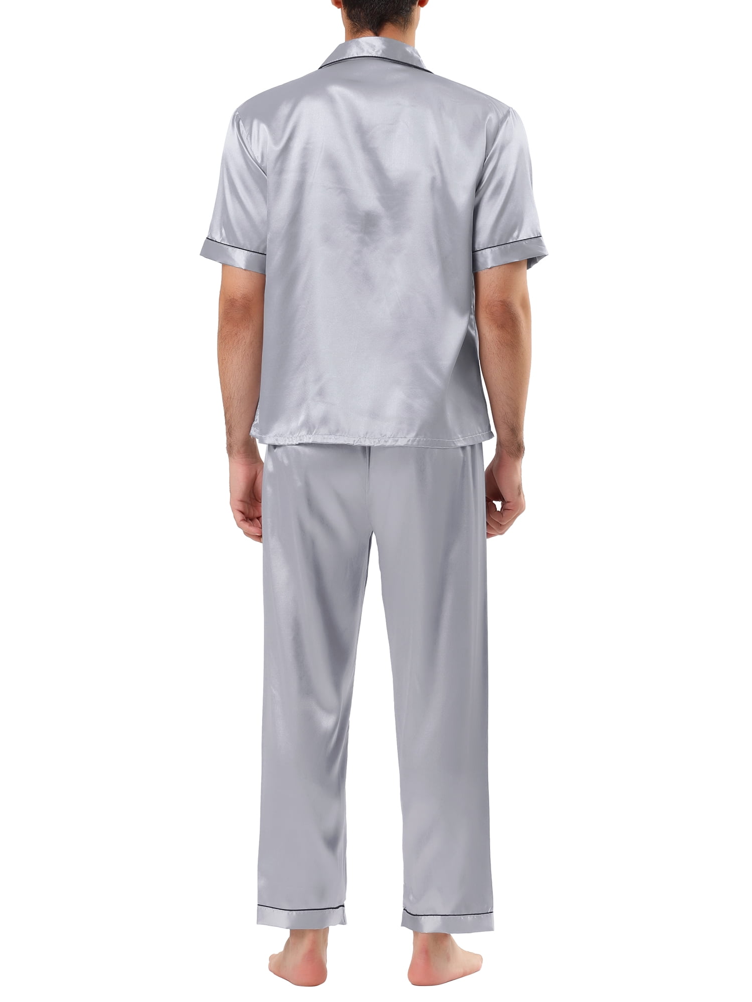 Unique Bargains Men's Button Down Satin Pajama Sets Short Sleeves Nightwear Small Gray