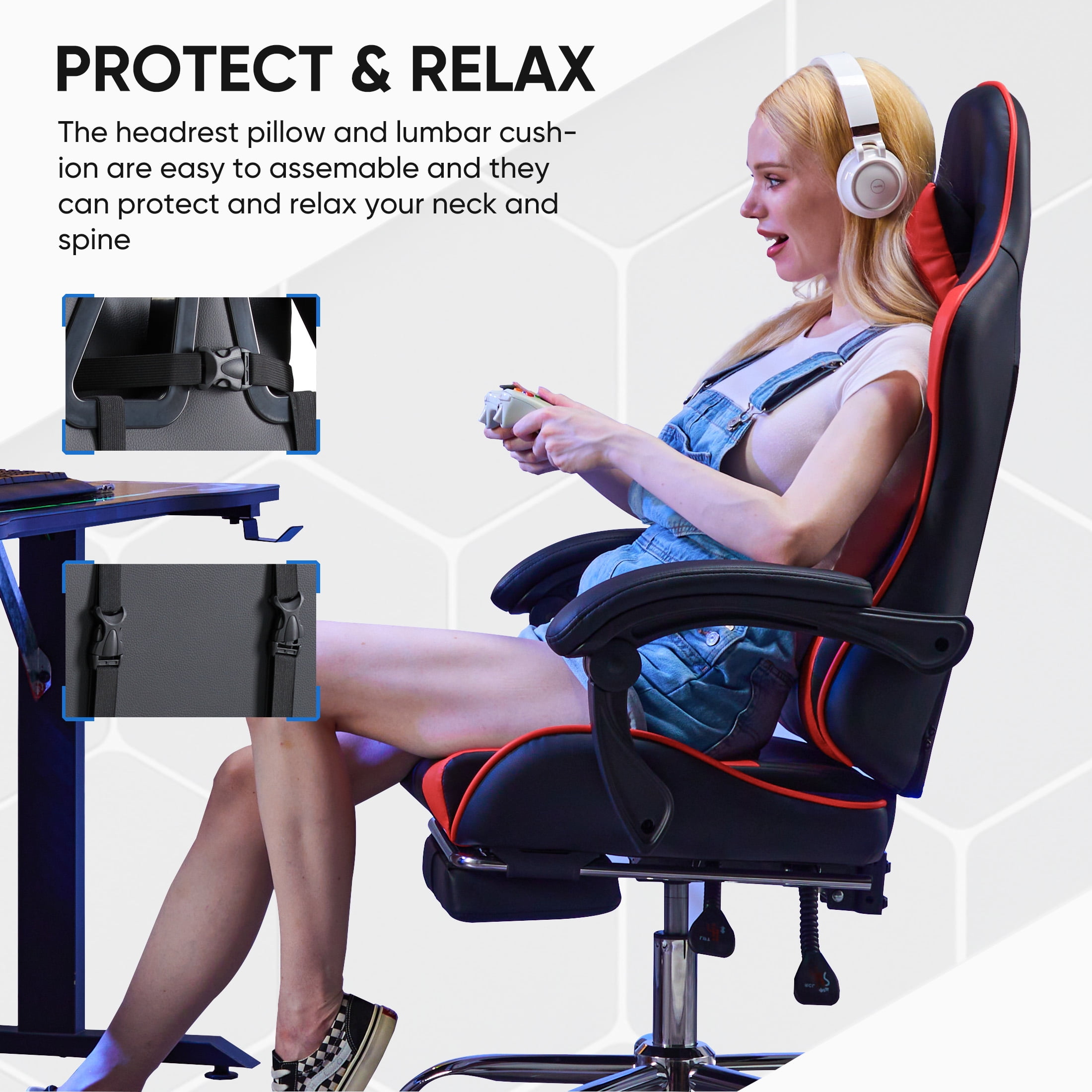CONCETTA Computer Chair with Footrest and Lumbar Support, Home Offfice Chair, Black and Red
