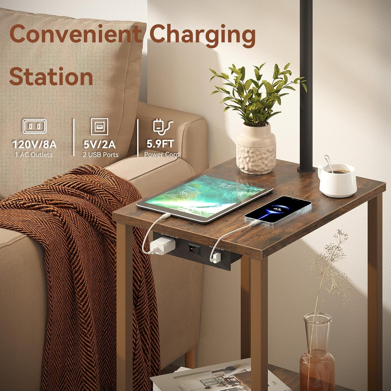 Floor Lamp with Table, End Table for Living Room with Lamp, Shelves Side Table with Charging Station(USB & AC Port), 3 Color Temperature LED Bulb, Modern Nightstand Lamp for Bedroom, Office