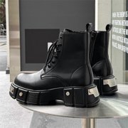 Mens Black Platform Combat Boots - Gothic Ankle Booties with Lug Sole, Lace-Up & Side Zip