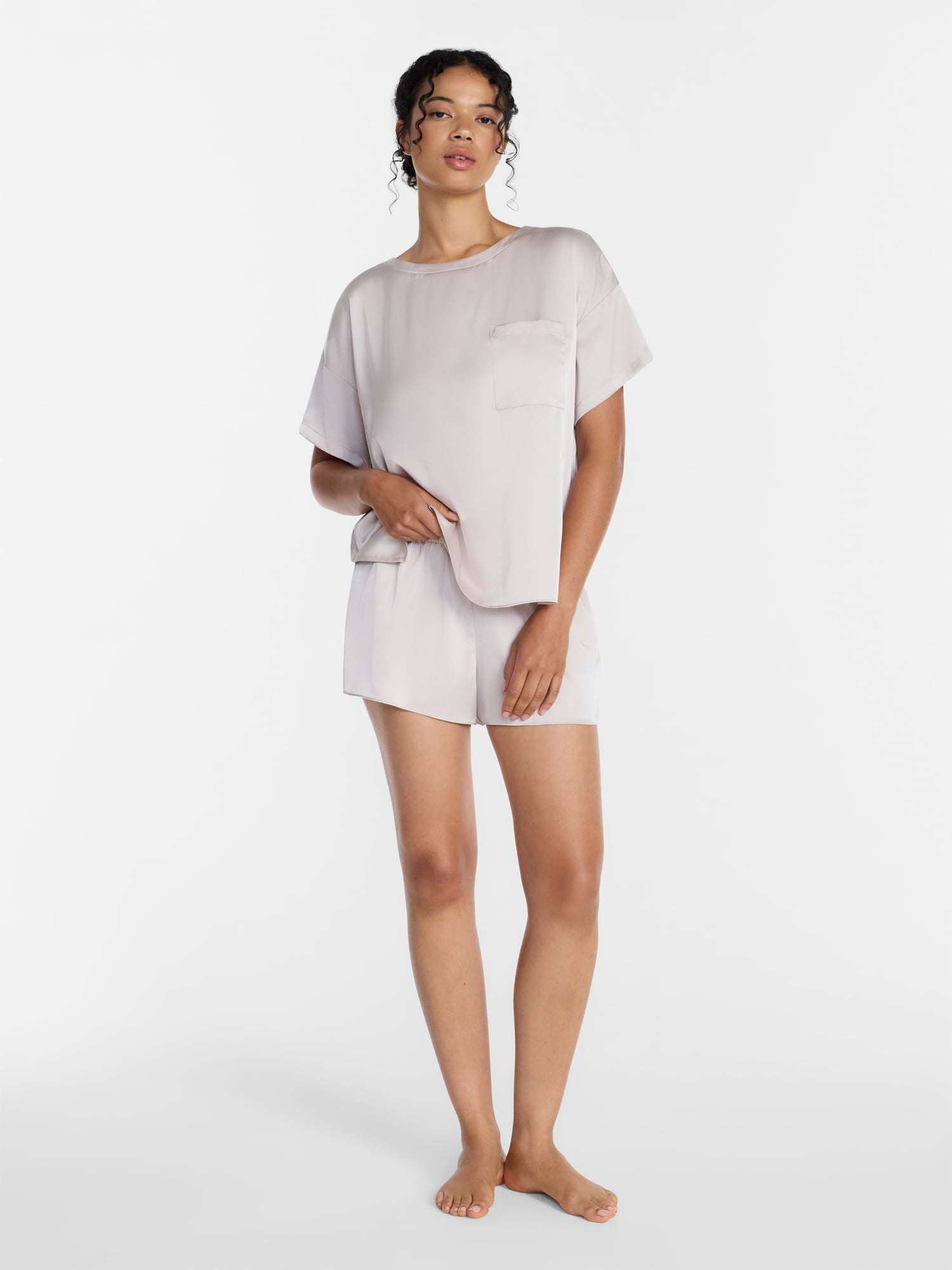 Joyspun Women’s Short Sleeve Stretch Satin Top and Shorts Pajama Set, 2-Piece, Sizes XS-3X