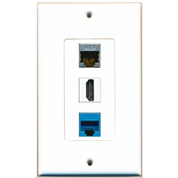 RiteAV - 1 Port HDMI 1 Shielded Cat6 Ethernet 1 Cat5e Ethernet Blue Wall Plate Decorative