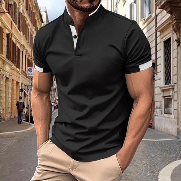 HOWPAY Mens Polo Shirts Short Sleeve Casual Classic Button Collared Basic Tees Solid Color Lightweight Loose Fit Workout Polo T-Shirts Black L