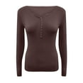 thumbnail image 4 of JGGSPWM Womens Button Up Henley Ribbed Knit Tops Solid Tunic Pullover Slim Fit Tshirt Long Sleeve Blouse V Neck Tee Shirts Coffee S, 4 of 5