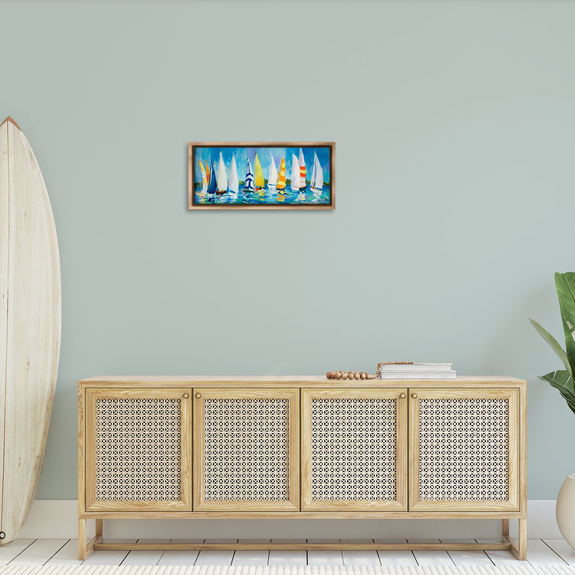 Stupell Industries Regatta Sailboat Fleet Transportation Painting Brown Floater Framed Canvas Art Print Wall Art, 25 x 11