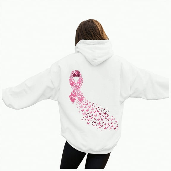Godom Women Hoodie Pink Ribbon Hoodies Long Sleeve Drawstring Sweatshirts with Pocket