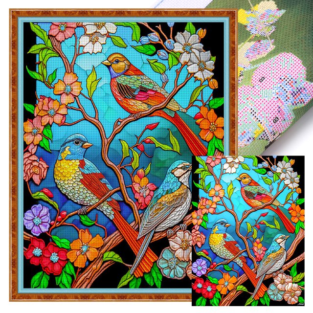 Hilo Algodón Bordado Punto Cruz Con Vidriera Pájaro 11CT 40x53cm