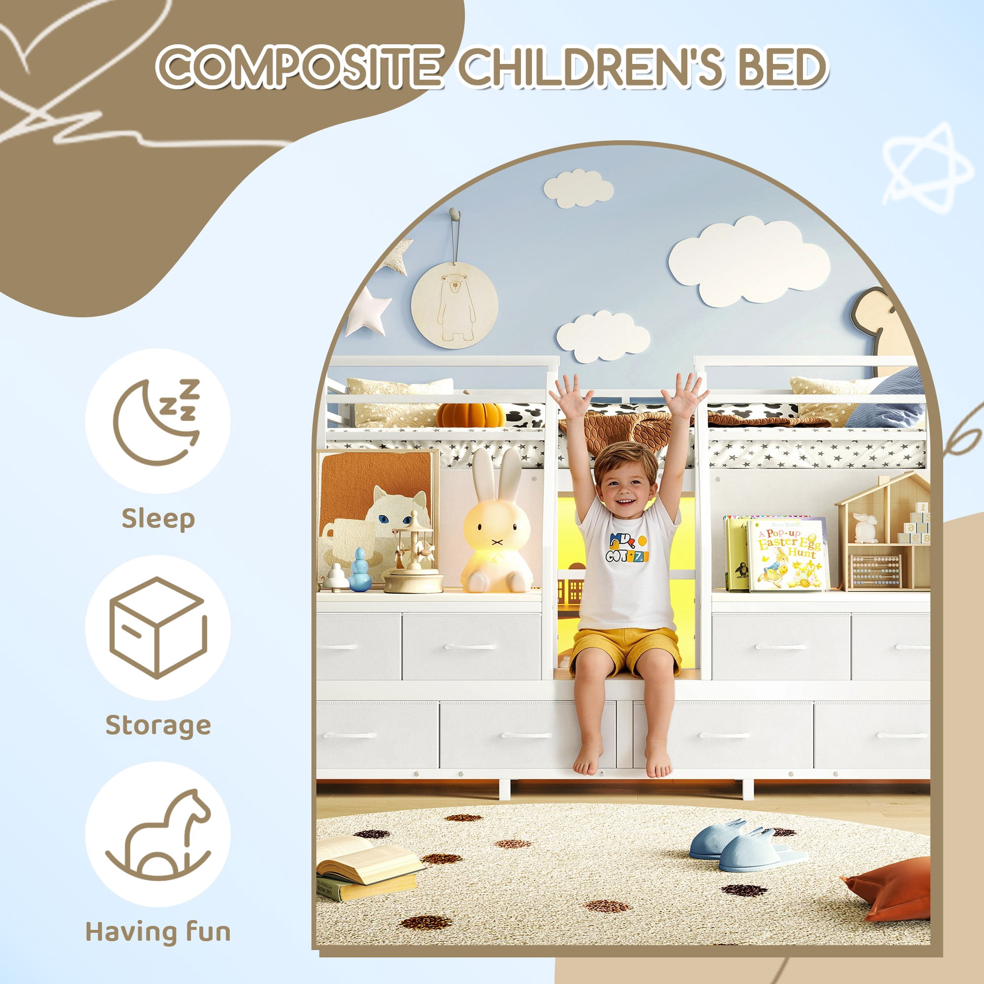 Aukfa Twin Low Loft Bed with 8 Storage Drawers, Shelves & LED Lights, Metal Loft Bed for Kids Bedroom, White
