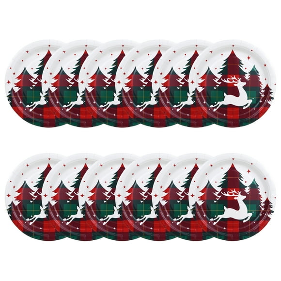Assiettes en carton de Noël à carreaux rouges, verts et blancs, motif sapin et cerf, 18 cm de diamètre, 12 unités, service de table, période des fêtes
