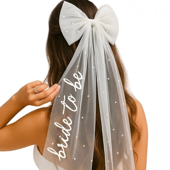 TUWAFE Bride to Be Bow Veil with Pearls, White Bridal Hair Bow Clip with Veil for Bachelorette Party, Bridal Shower, Wedding Morning, Engagement Photo Accessory