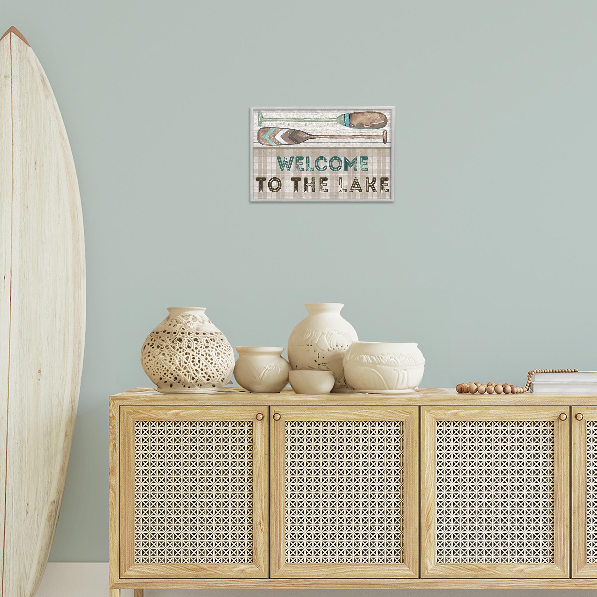 Stupell Industries Rustic Welcome Lake Oars Typography Painting Gray Framed Art Print Wall Art, 18 x 12