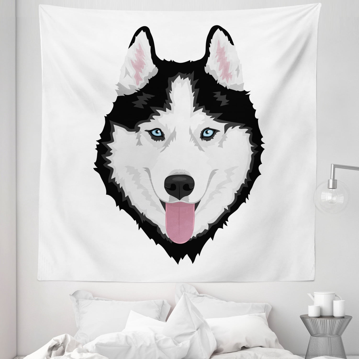 Husky Tapestry, Cartoon Drawn Tongue Out Siberian Dog Happy Blue Eyes ...