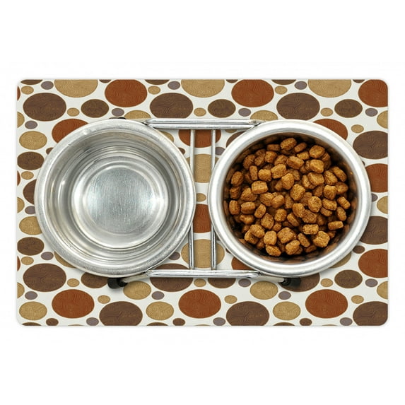 Chocolate Pet Mat for Food and Water, Vintage Design with Round Shapes with Curved Lines Abstract Geometric Motifs, Non-Slip Rubber Mat for Dogs and Cats, 18" X 12", by Ambesonne