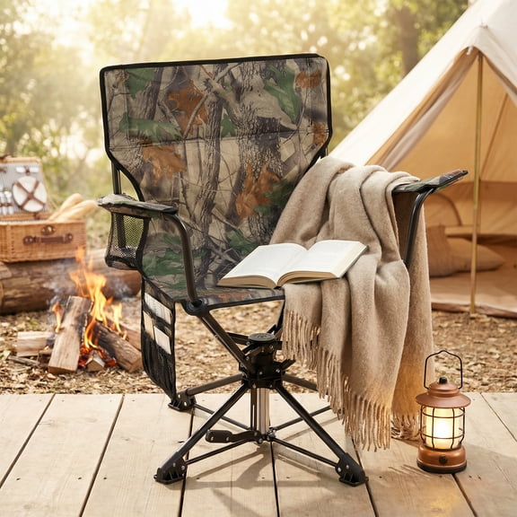ELLEGNT 1 PCS Goplus 360° Swivel Hunting Chair – Folding Outdoor Seat with Cup Holder, Storage Pockets, and Cozy Backrest, Camo