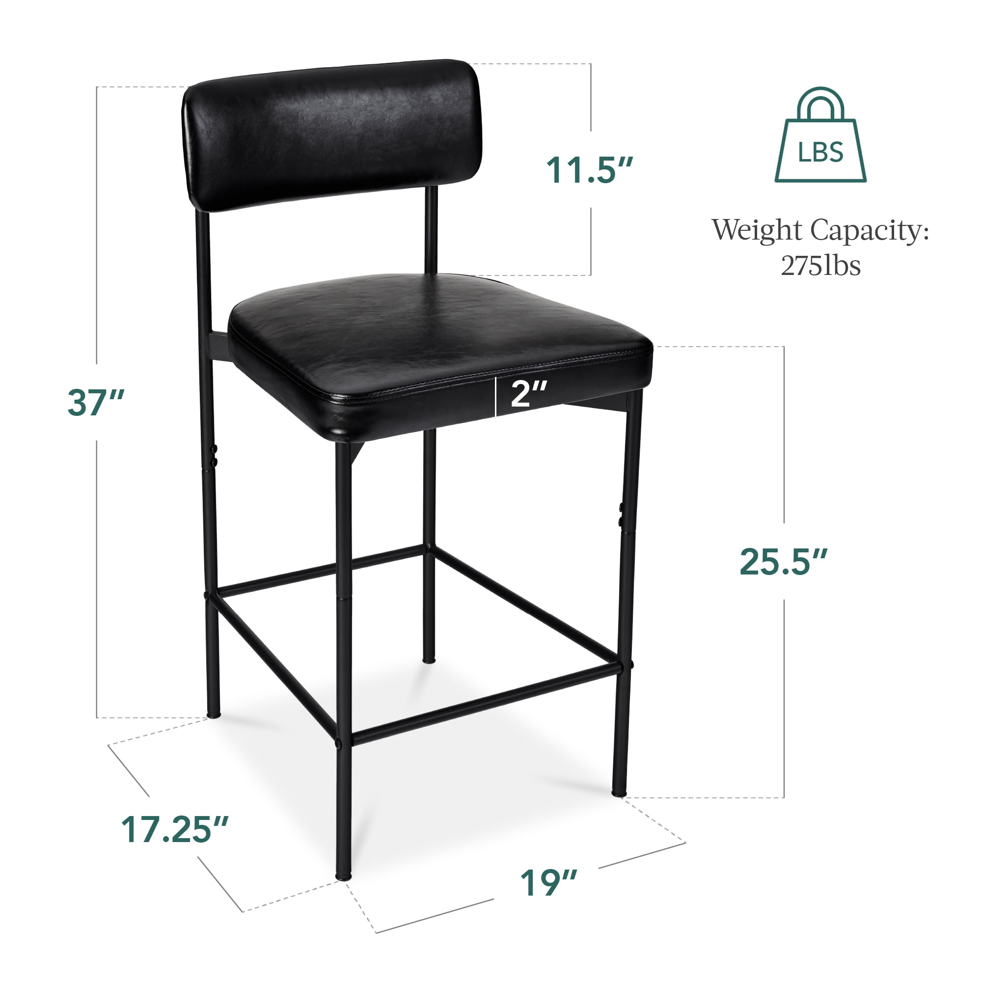 Best Choice Products Set of 2, Armless Counter Height Bar Stools, Modern PU Faux Leather Stools - Midnight Black